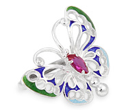 Кольцо в виде бабочки, серебро, эмаль и рубин 