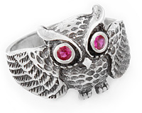 Серебряная сова с красными рубинами, кольцо серебро