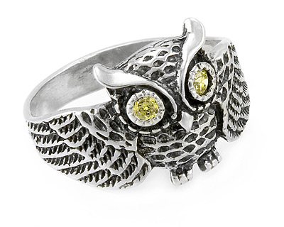 Серебряная сова (совёнок), кольцо с желтыми фианитами