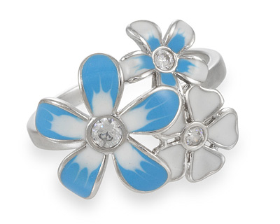 Кольцо серебряное в виде трех цветков, эмаль, фианиты