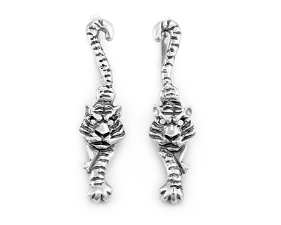 Симпатичные серьги - тигры, серебро с чернением