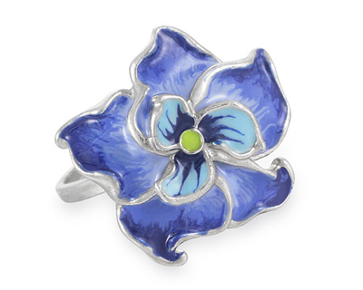 Серебряное кольцо "Цветок лилии", синяя эмаль
